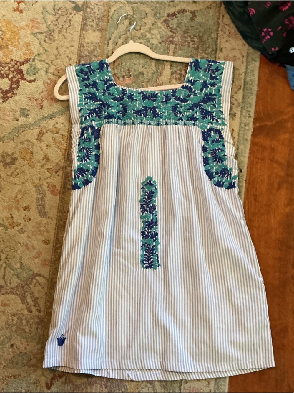 Woman’s Blue & Teal Embroidered Stripe Dress